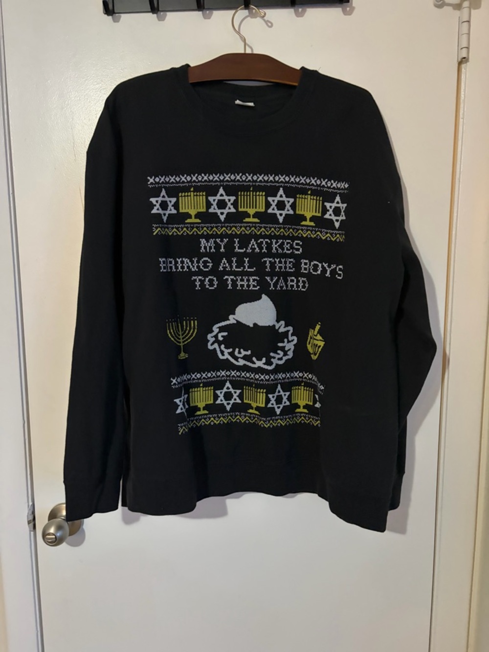 Funny Hanukkah Ugly Sweater - Black Holiday Graphic Sweater - 'My Latkes'